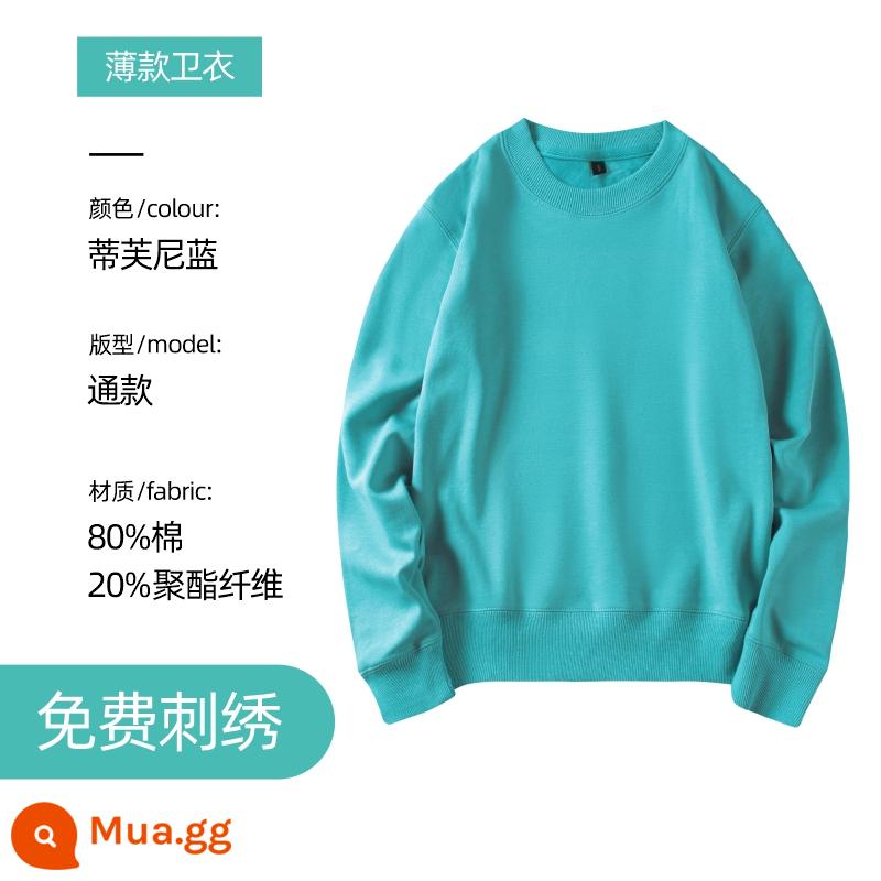 Áo len thêu logo theo yêu cầu in cotton nguyên chất cổ tròn cộng nhung dài tay quần áo bảo hộ lao động áo khoác may riêng cho hoạt động tập thể thu đông - Phần mỏng-Tiffany Blue