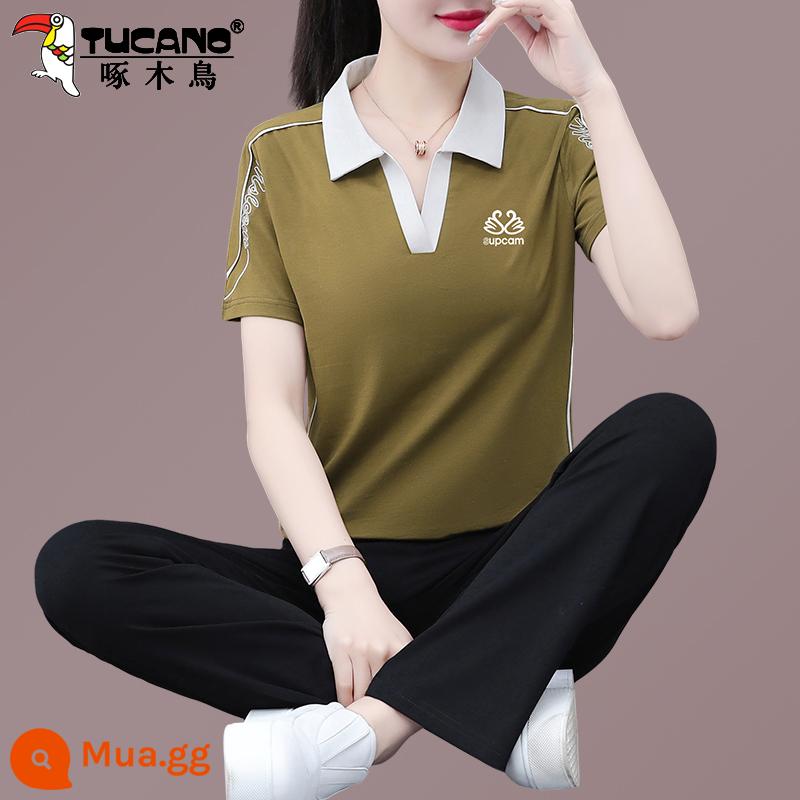 Bộ quần áo thể thao cotton chim gõ kiến ​​mùa hè 2023 mẹ mới phong cách nước ngoài thời trang ngắn tay bộ đồ hai mảnh - Xanh ô liu (in thiên nga)