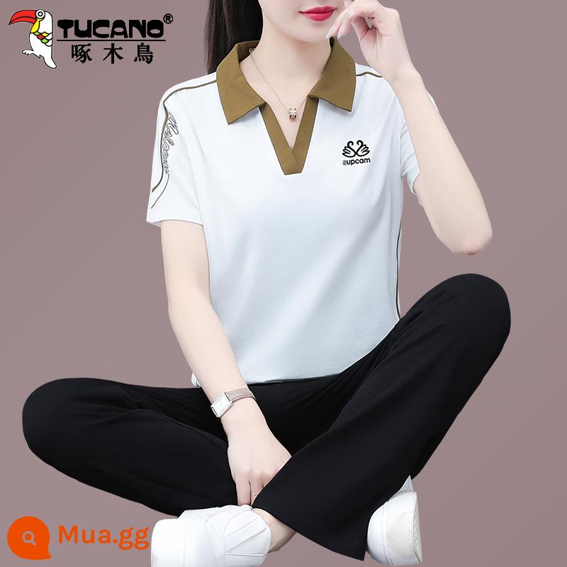 Bộ quần áo thể thao cotton chim gõ kiến ​​mùa hè 2023 mẹ mới phong cách nước ngoài thời trang ngắn tay bộ đồ hai mảnh - Trắng (in thiên nga)