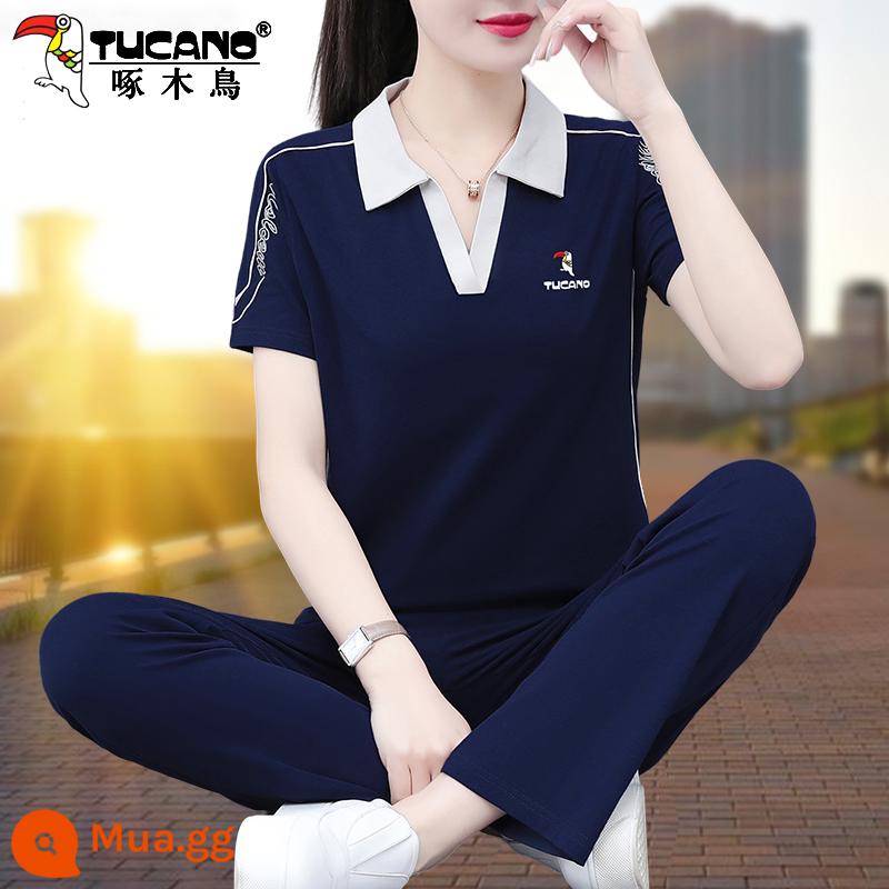 Bộ quần áo thể thao cotton chim gõ kiến ​​mùa hè 2023 mẹ mới phong cách nước ngoài thời trang ngắn tay bộ đồ hai mảnh - Màu xanh đậm (in chim gõ kiến)