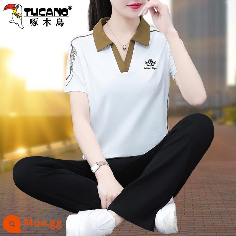 Bộ quần áo thể thao cotton chim gõ kiến ​​mùa hè 2023 mẹ mới phong cách nước ngoài thời trang ngắn tay bộ đồ hai mảnh - Trắng