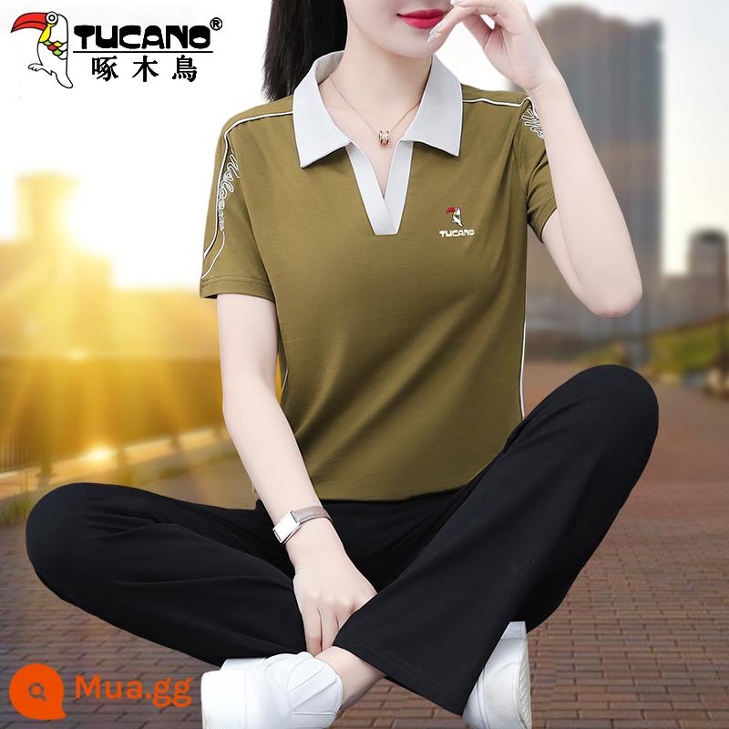 Bộ quần áo thể thao cotton chim gõ kiến ​​mùa hè 2023 mẹ mới phong cách nước ngoài thời trang ngắn tay bộ đồ hai mảnh - Màu xanh ô liu (in chim gõ kiến)