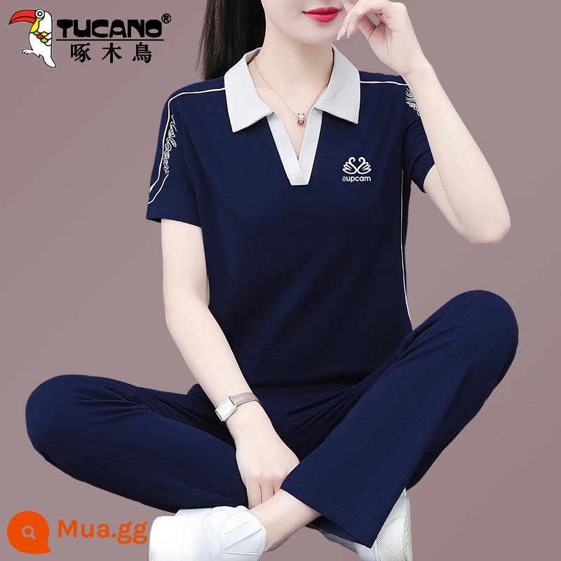 Bộ quần áo thể thao cotton chim gõ kiến ​​mùa hè 2023 mẹ mới phong cách nước ngoài thời trang ngắn tay bộ đồ hai mảnh - Màu xanh đậm (in thiên nga)