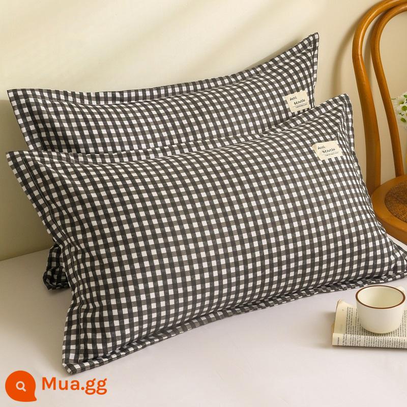 Vỏ gối cotton đã giặt sạch một cặp vỏ gối đơn 48cmx74cm ký túc xá sinh viên lõi gối trẻ em chuyên dụng cả đầu - Lưới nhỏ màu đen nước L