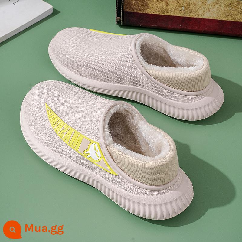 Giàn bông thỏ Rogue Slippers Phụ nữ Giày cao gót Baotou Dép dừa Giày bông chống thấm nước nam mang mùa đông cộng với giày nhung ở nhà - Túi có màu trắng + vàng