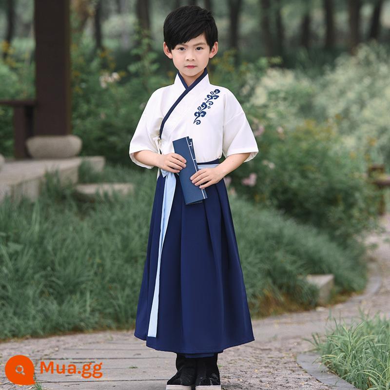 Hanfu Nam sinh Trường Quốc học Quần áo Phong cách Trung Quốc Trẻ em Trang phục Cổ xưa Sách Nam sinh Tiểu học Quần áo Trẻ em Trang phục Niệm Nữ - Áo tay ngắn nam (áo + váy xanh)