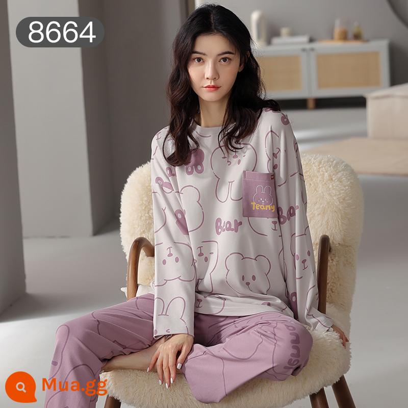 Bộ đồ ngủ Catman nữ cotton xuân thu quần dài tay có thể mặc bên ngoài Bộ đồ mặc ở nhà 100% cotton phong cách mới 2023 - Gấu tím nhạt [bộ đồ dài tay 100% cotton]