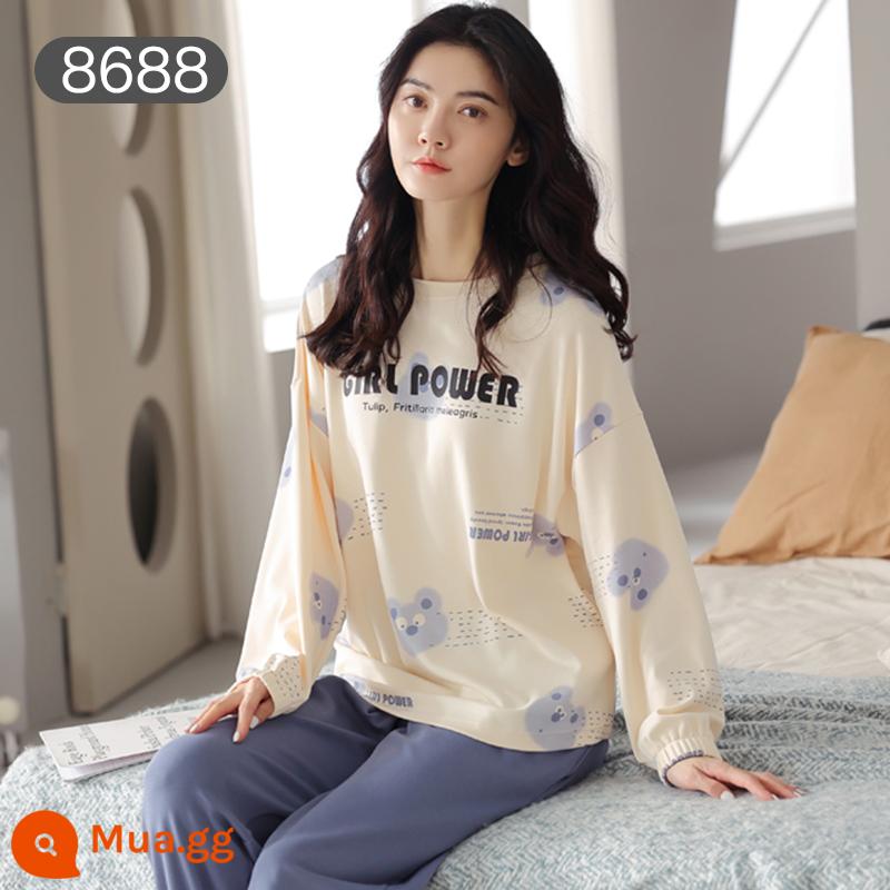 Bộ đồ ngủ Catman nữ cotton xuân thu quần dài tay có thể mặc bên ngoài Bộ đồ mặc ở nhà 100% cotton phong cách mới 2023 - Gấu xanh mơ [Bộ đồ dài tay 100% cotton]