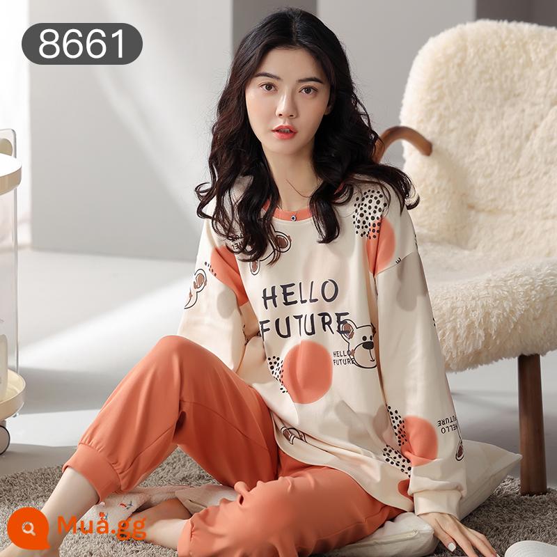 Bộ đồ ngủ Catman nữ cotton xuân thu quần dài tay có thể mặc bên ngoài Bộ đồ mặc ở nhà 100% cotton phong cách mới 2023 - In hình tròn chữ cái [Bộ đồ dài tay 100% cotton]