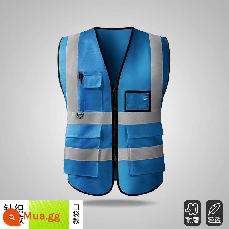 Áo vest an toàn phản quang quần áo giao thông công trường xây dựng vest vệ sinh huỳnh quang quần áo làm việc công nhân Huang Xiaxia nam tùy chỉnh - Kiểu túi-Hồ xanh