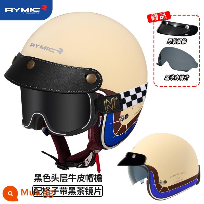 RYMIC 3C được chứng nhận xe máy Harley Retro bluetooth xe máy Mũ bảo hiểm nửa mùa đông đa năng cho nam và nữ - Hiệp sĩ vàng, đỏ và xanh (gửi kẻ sọc với ly trà đen + vành mũ da đen)