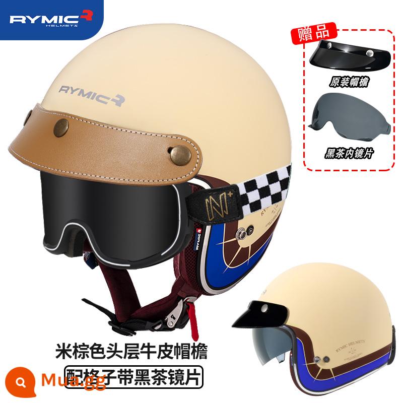 RYMIC 3C được chứng nhận xe máy Harley Retro bluetooth xe máy Mũ bảo hiểm nửa mùa đông đa năng cho nam và nữ - Hiệp sĩ vàng, đỏ và xanh (gửi kẻ sọc với ly trà đen + vành mũ da nâu)