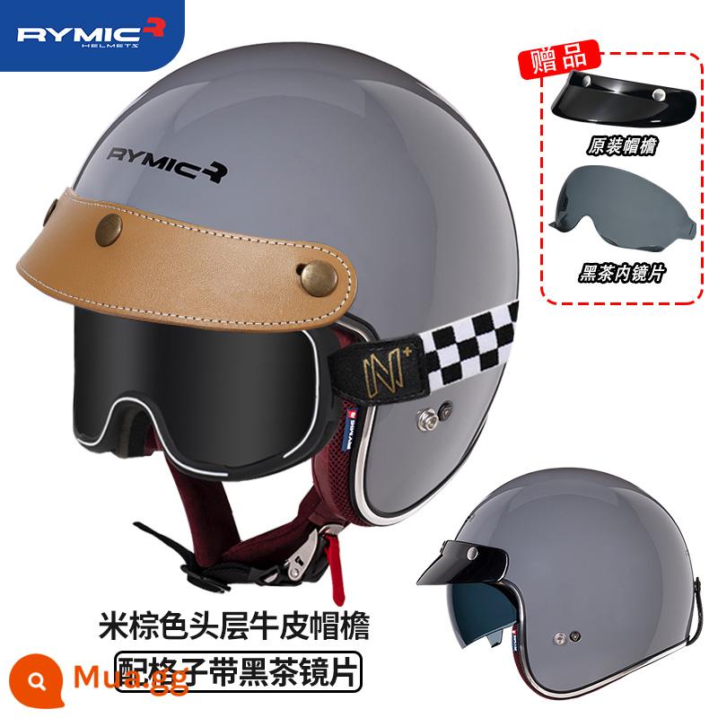 RYMIC 3C được chứng nhận xe máy Harley Retro bluetooth xe máy Mũ bảo hiểm nửa mùa đông đa năng cho nam và nữ - Xám xi măng (đi kèm ly uống trà kẻ sọc đen + vành mũ da nâu)