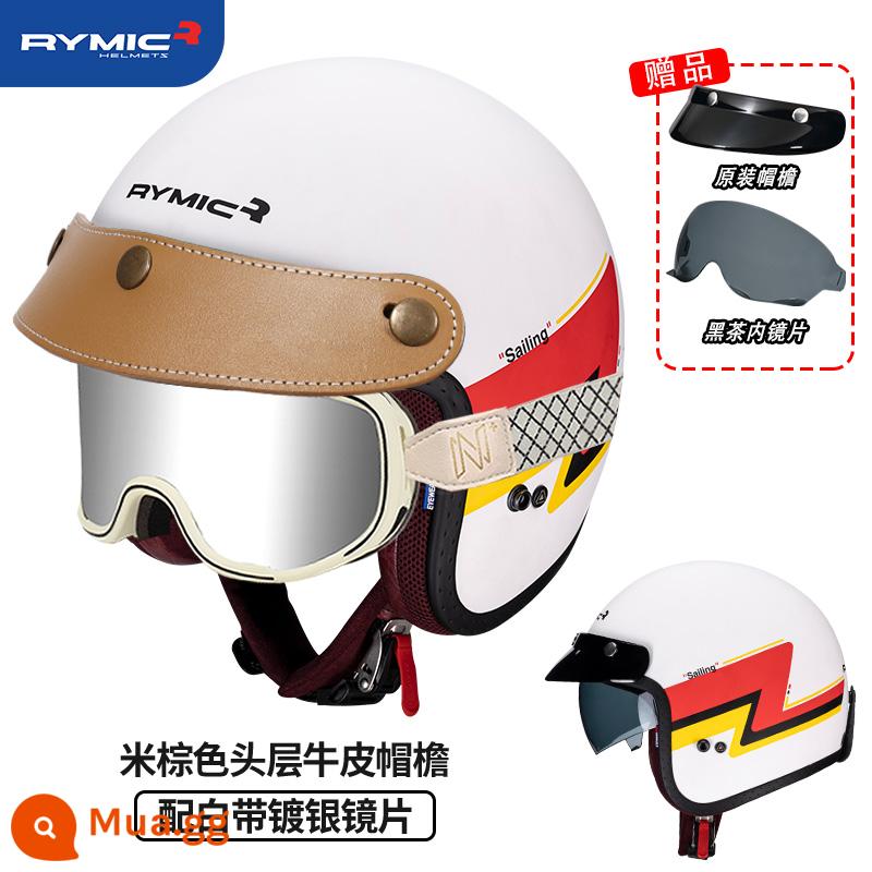 RYMIC 3C được chứng nhận xe máy Harley Retro bluetooth xe máy Mũ bảo hiểm nửa mùa đông đa năng cho nam và nữ - Zeta trắng đỏ (kèm kính mạ bạc và mũ da nâu)