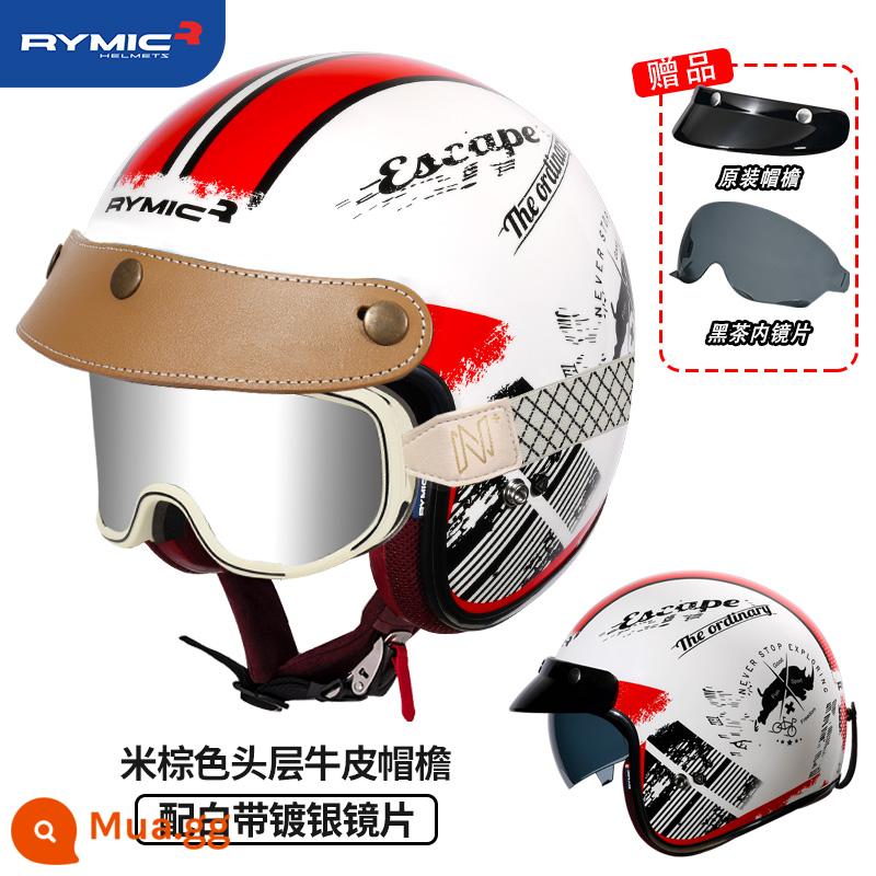 RYMIC 3C được chứng nhận xe máy Harley Retro bluetooth xe máy Mũ bảo hiểm nửa mùa đông đa năng cho nam và nữ - Phục hưng đỏ trắng (kèm kính mạ bạc trắng nhạt + vành mũ da nâu)