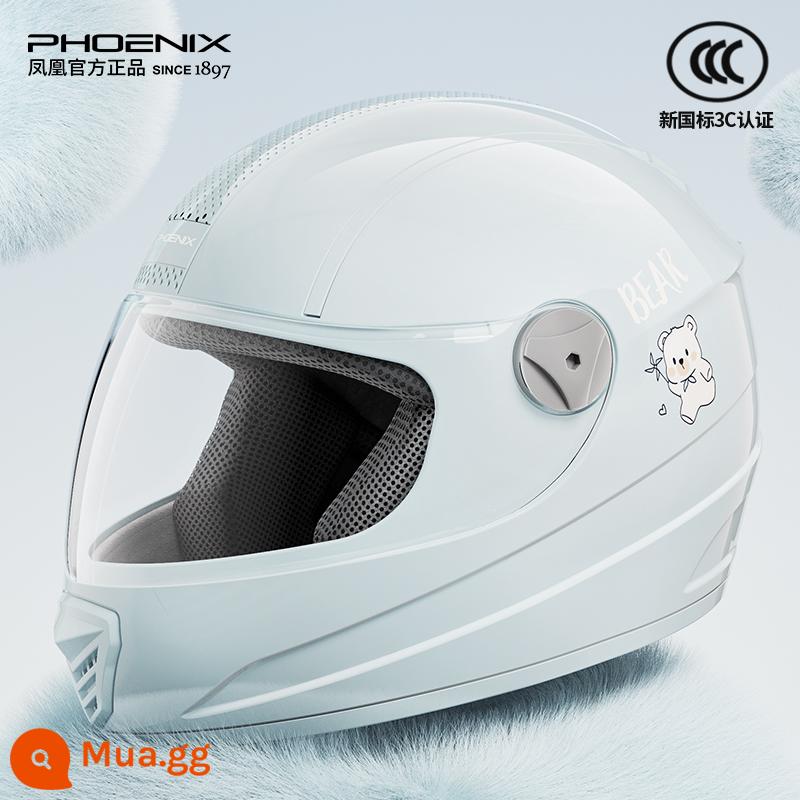 Phoenix 3C chứng nhận xe điện mũ bảo hiểm mùa đông nữ ấm áp bao gồm tất cả mũ bảo hiểm xe máy mũ bảo hiểm đầy đủ - Chú gấu dễ thương màu xanh khói mù [HD chống sương mù]