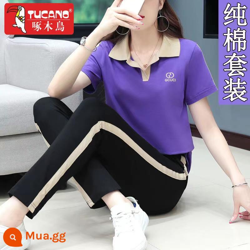 Chim Gõ Kiến Cotton Nguyên Chất Bộ Đồ Thể Thao Nữ Ngắn Tay Quần Cắt Mùa Hè Thời Trang Trung Niên Của Mẹ Bộ Đồ Hai Mảnh - Tím [Quần Suit]