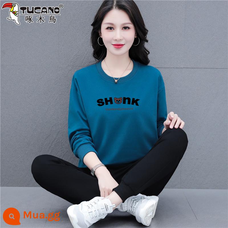 Bộ đồ thể thao chim gõ kiến nữ xuân thu 2023 mới thu đông dáng rộng cổ tròn cotton dày T chạy 2 bộ đồ - 330 xanh dương (bộ hai mảnh không nhung)