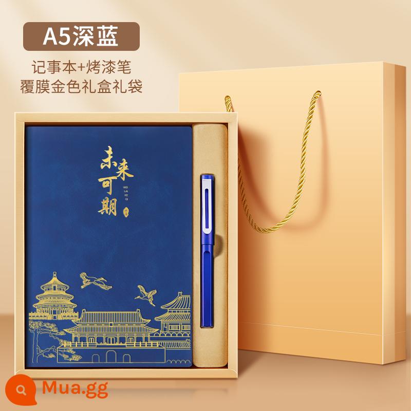 Bộ hộp quà tặng máy tính xách tay Guochao Bộ có thể in tùy chỉnh Logo dày Retro Phong cách Trung Quốc Notepad A5 Sổ ghi chép cuộc họp công việc kinh doanh cao cấp Giải thưởng sinh viên Quà tặng công ty Quà lưu niệm tùy chỉnh - Tương lai đầy hứa hẹn-màu xanh đậm-cảm giác da PU + bút sơn + hộp quà màu vàng túi quà