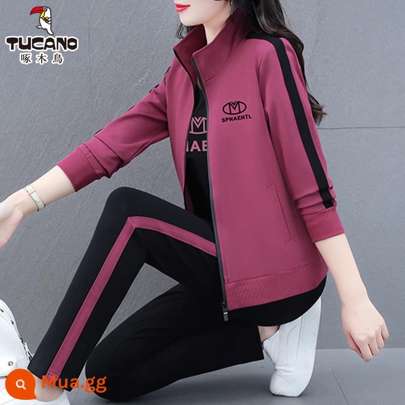 Chim Gõ Kiến Cổ Bộ Đồ Thể Thao 2023 Mới 2 Cotton Mẹ Nữ Cardigan Cổ Đứng Thời Trang Kích Thước Lớn - Bộ hai món đậu đỏ