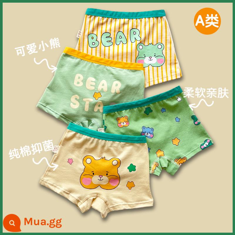 Quần lót trẻ em bé trai boxer bông hoạt hình khủng long bé trai bé trung và lớn trẻ em quần đùi cotton xuân thu - Gấu Xanh [4 Gói] K32