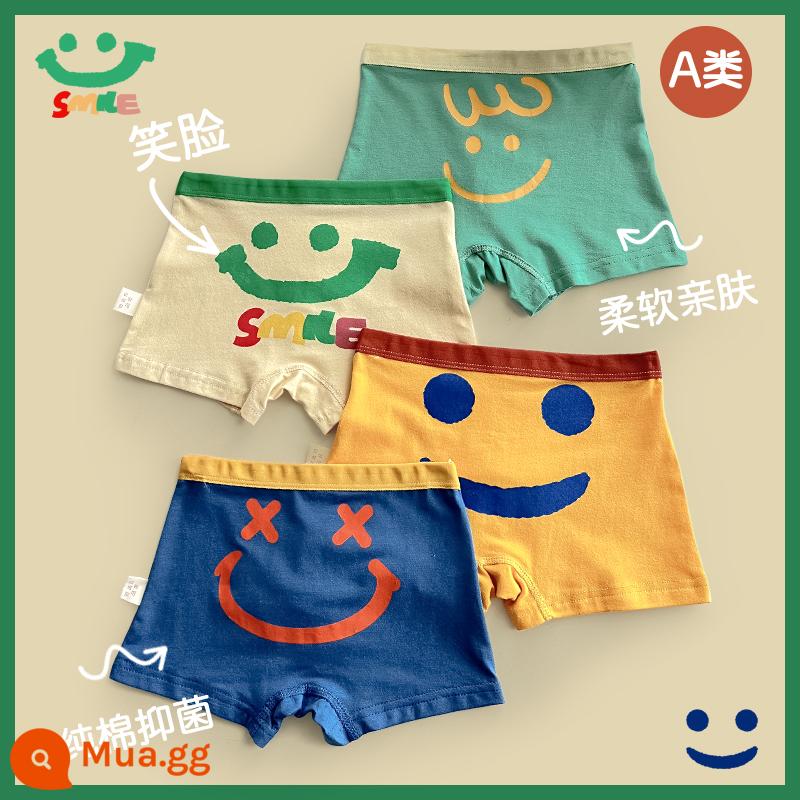 Quần lót trẻ em bé trai boxer bông hoạt hình khủng long bé trai bé trung và lớn trẻ em quần đùi cotton xuân thu - Mặt Cười Dễ Thương [4 Gói] K35