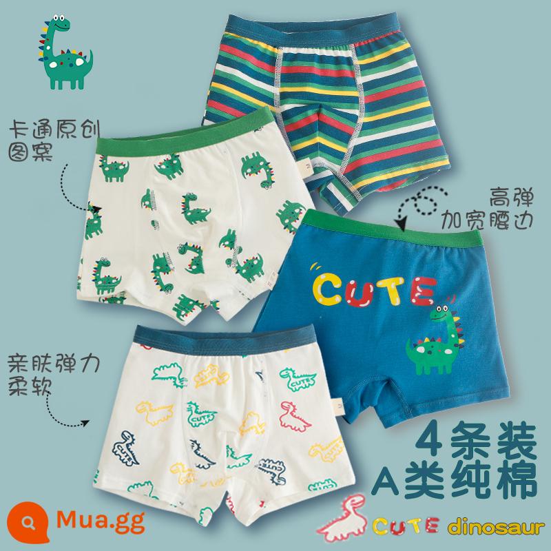 Quần lót trẻ em bé trai boxer bông hoạt hình khủng long bé trai bé trung và lớn trẻ em quần đùi cotton xuân thu - Khủng long sọc [4 gói]