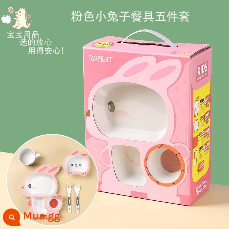 Bamboo Fiber Children Tableware Phim hoạt hình DROP -PROOFS Tấm nhà Ultraman Baby Non -staple Food Bowl Hộp quà tặng - Bộ 5 món thỏ hồng