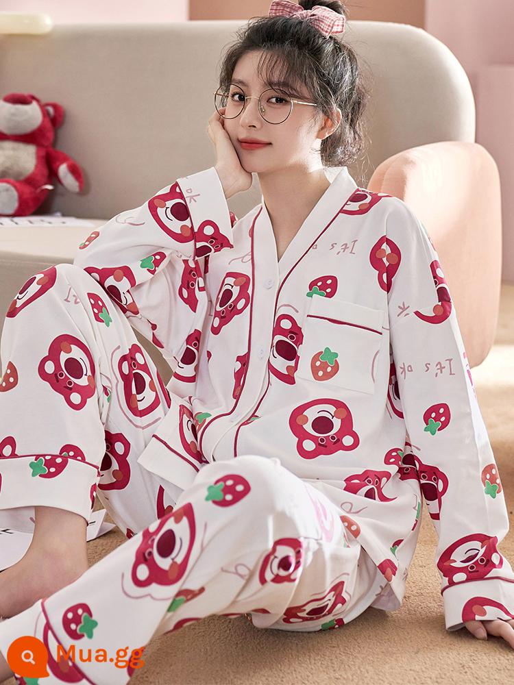 Bộ đồ ngủ Langsha nữ mùa xuân và mùa thu cotton nguyên chất áo khoác cardigan 2023 mới kimono rời hoạt hình phục vụ tại nhà phù hợp với - CXM16113 [Áo cardigan cotton dài tay]