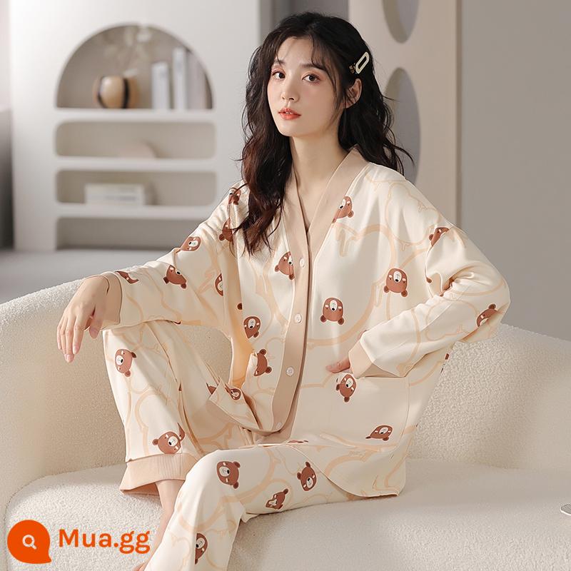 Bộ đồ ngủ Langsha nữ mùa xuân và mùa thu cotton nguyên chất áo khoác cardigan 2023 mới kimono rời hoạt hình phục vụ tại nhà phù hợp với - A34397 [Áo cardigan cotton dài tay]