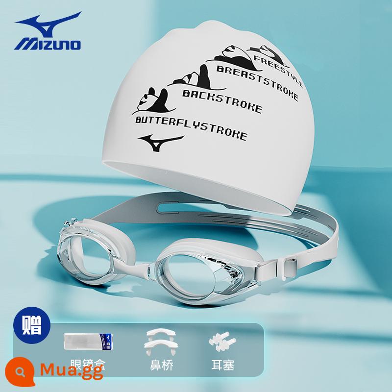 Mizuno Mũ Bơi Bốn Gấu Trúc Nữ Tóc Dài Chống Nước Đặc Biệt Butler Đầu Nam Lớn Chuyên Nghiệp Silicone Mũ Bơi - Kính bơi phẳng trắng trong suốt 2030 + Mũ bơi