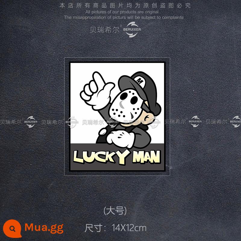 Luckyman Mario Sáng Tạo Dán Xe Hơi Cá Tính Đen Chiến Binh JDM Sửa Đổi Trang Trí Thân Kính Miếng Dán Phản Quang - Luckyman đen trắng: 14X12cm (size lớn)