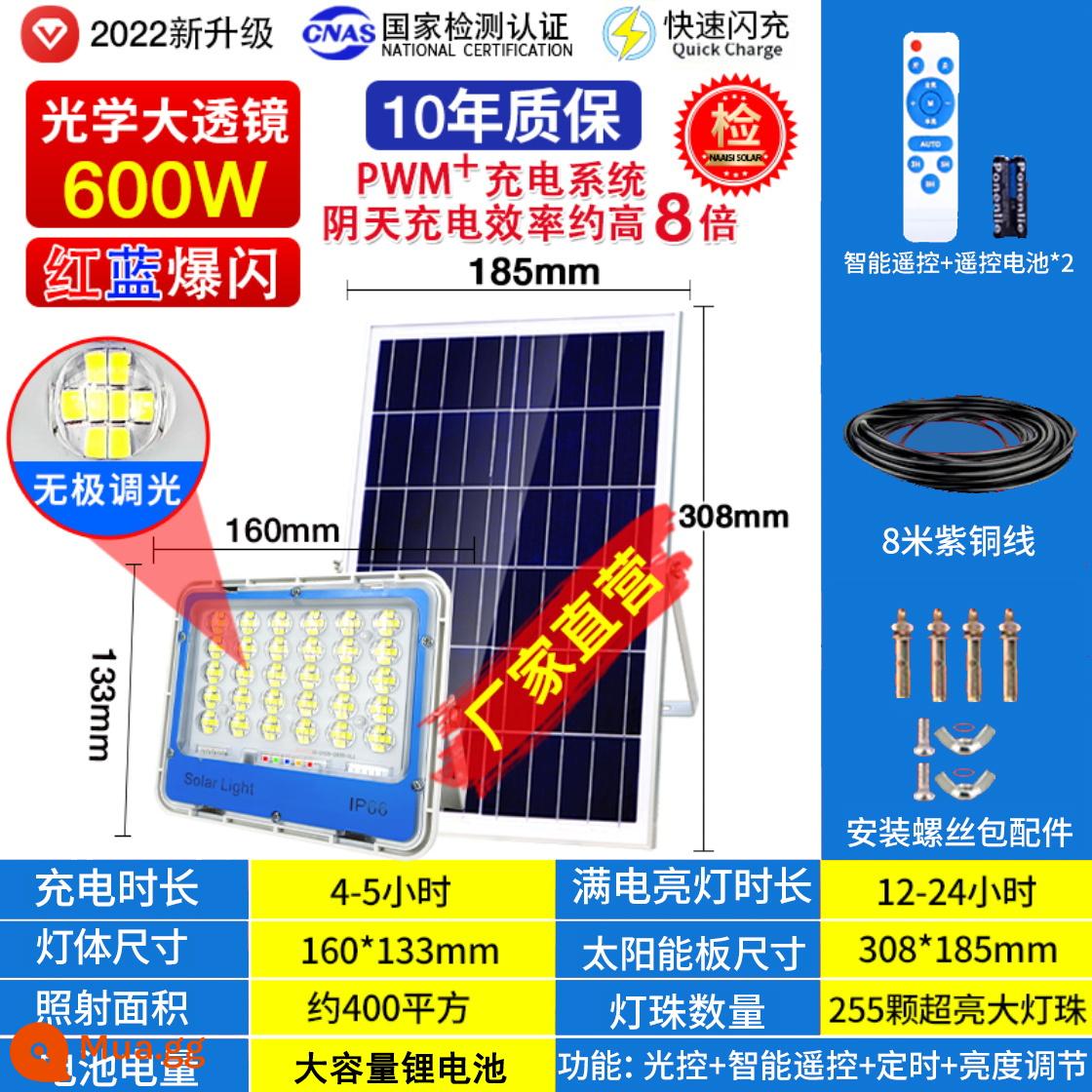 Đèn Năng Lượng Mặt Trời Đèn Ngoài Trời Nhà Siêu Sáng Công Suất Cao Đèn Sân Vườn Trong Nhà Và Ngoài Trời Nông Thôn Mới Sạc 1000W Đèn Đường - 600W★Ống kính tám lõi 255 bấc★Sáng hơn tám lần + điều chỉnh độ sáng vô cấp