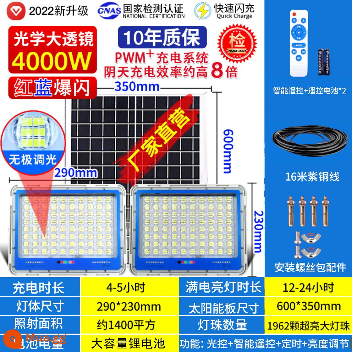 Đèn Năng Lượng Mặt Trời Đèn Ngoài Trời Nhà Siêu Sáng Công Suất Cao Đèn Sân Vườn Trong Nhà Và Ngoài Trời Nông Thôn Mới Sạc 1000W Đèn Đường - [Một cho hai] 4000W★Ống kính 12 lõi★1962 bấc★Sáng hơn 12 lần + độ mờ vô cấp