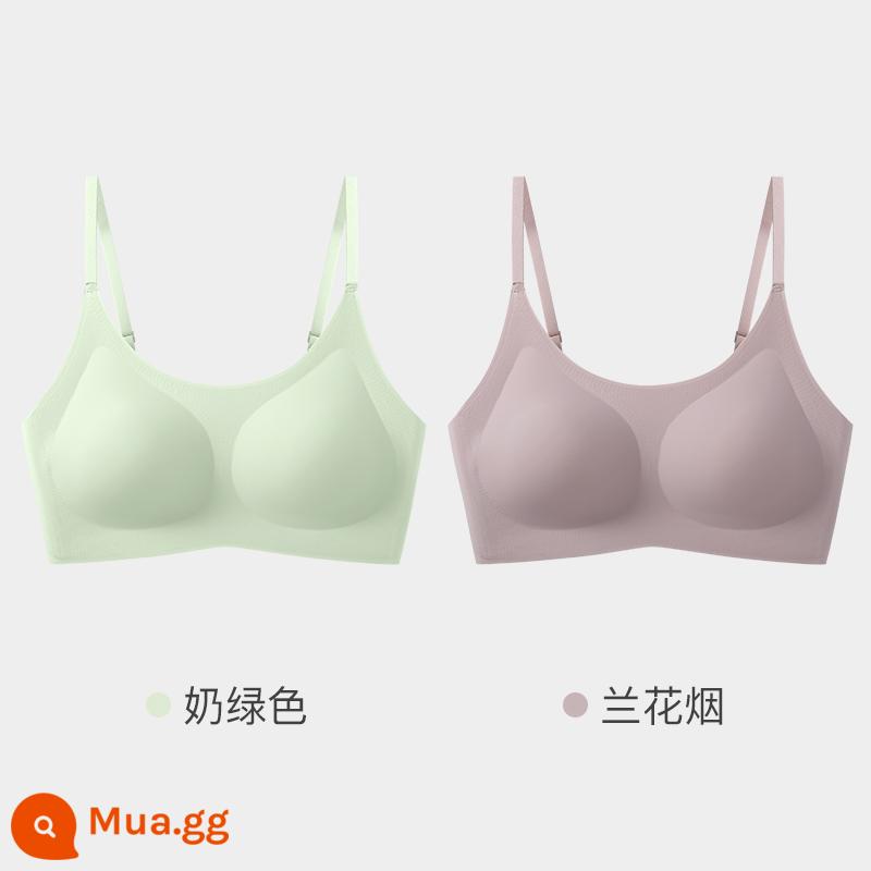 Yunduo đồ lót của phụ nữ không có dấu vết không có kích thước áo ngực lớn ngực nhỏ vest thể thao phong cách mùa hè mỏng phần không có vòng thép lưng đẹp - [Phong cách Sling] Màu xanh sữa + Khói phong lan