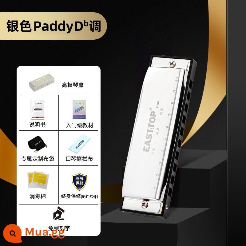 EASTTOP Đông Phương Ding T009 mười lỗ nhạc blues người mới bắt đầu chơi kèn harmonica trình độ đầu vào học sinh thực hành biểu diễn chuyên nghiệp - Silver PaddyDb điều chỉnh 10 lỗ nhúng