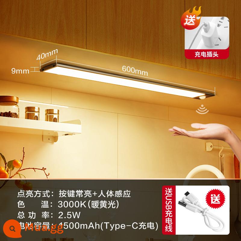 Bull ánh sáng tủ tổng thể với đèn led đáy tủ sạc cơ thể con người ánh sáng cảm ứng thanh tự dính không dây lối đi nhà bếp ánh sáng tủ quần áo - Cắm + đèn vàng 60cm + cảm ứng cơ thể người + điều khiển ánh sáng + luôn bật + phiên bản sạc