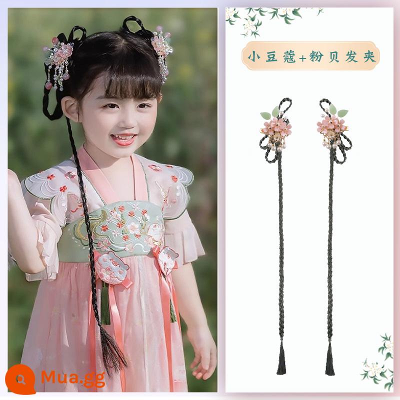 Trẻ em Hanfu tóc giả gói tấm tóc cổ trang phục một mảnh headband cổ gió tóc giả bé gái tạo kiểu phụ kiện tóc búi tóc trùm đầu - Bạch đậu khấu + kẹp tóc vỏ hồng