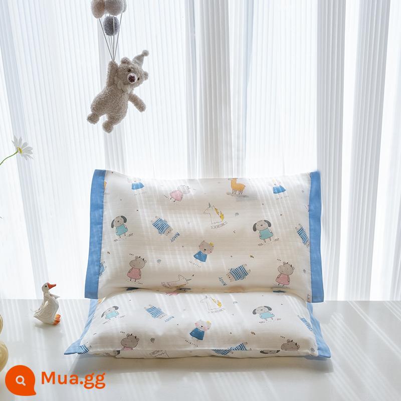 Cotton Nguyên Chất Cotton Gạc Gối Hoạt Hình Gối Khăn Cho Bé Mùa Hè Ký Túc Xá Thấm Mồ Hôi Thoáng Khí Gối Cao Su Trẻ Em - Vỏ gối màu xanh Happy Buddy Màu mới