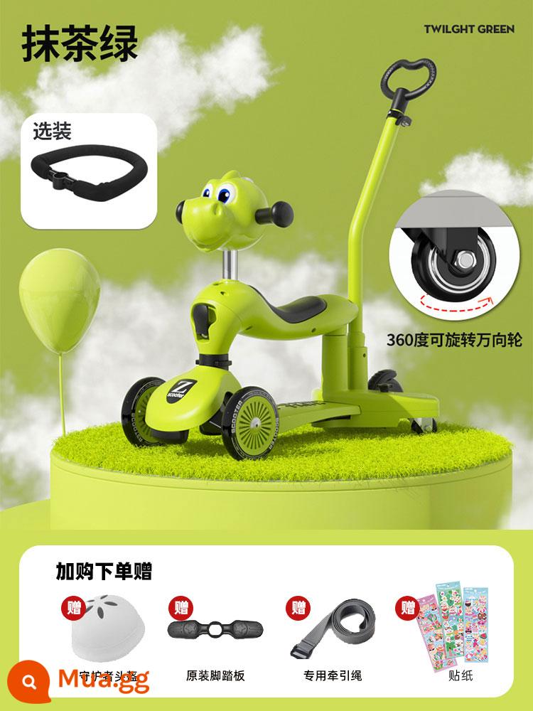 Xe trượt Scooter trẻ em 1-3-6 tuổi xe trượt trẻ em xe yoyo bàn đạp ba trong một có thể gập lại - Xanh Matcha [Phong cách khủng long 4 trong 1] + Lan can + Bánh xe đa năng + Bánh xe nhấp nháy im lặng