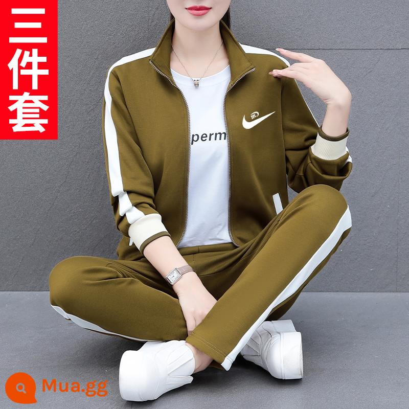 NK Thương Hiệu Nổi Tiếng Giày Thể Thao Bộ Đồ Nữ Thu Đông 2023 Mới Cardigan Cotton Dày T Mẹ Thời Trang Thu Đông 3 bộ - Màu xanh ô liu [phổ biến năm nay]