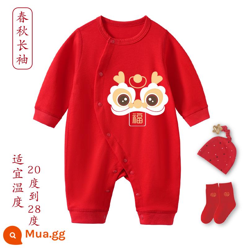 Quần áo chúc mừng năm mới cho bé sơ sinh rồng bé trăng tròn và 100 ngày tuổi váy cotton dày phù hợp với mùa xuân, mùa thu và mùa đông - [Phong cách xuân thu] Fulong + Mũ ngôi sao + Tất