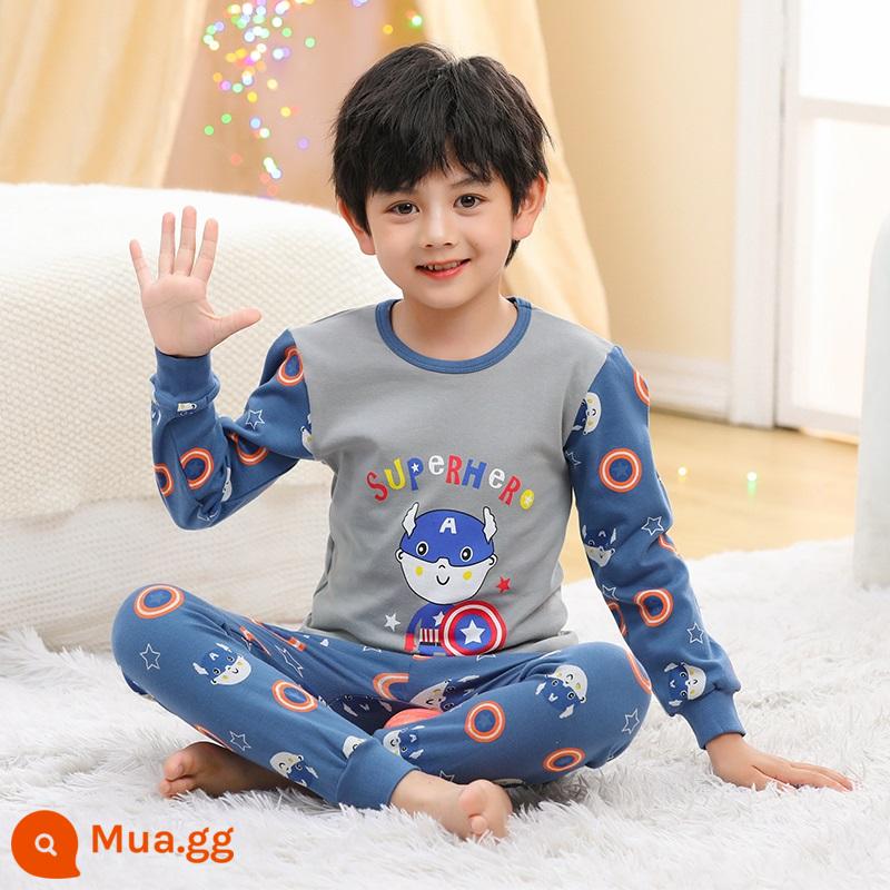 Bộ quần áo thu đông và quần vệ sinh bé trai, cotton nguyên chất, quần áo sưởi ấm đáy quần cotton nguyên chất cho trẻ em, quần áo vệ sinh bé trai, đồ ngủ khủng long - đội trưởng xanh Mỹ