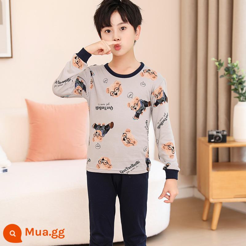 Bộ quần áo thu đông và quần vệ sinh bé trai, cotton nguyên chất, quần áo sưởi ấm đáy quần cotton nguyên chất cho trẻ em, quần áo vệ sinh bé trai, đồ ngủ khủng long - gấu đeo kính màu xám