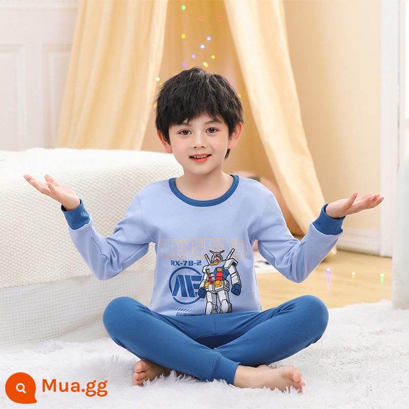 Bộ quần áo thu đông và quần vệ sinh bé trai, cotton nguyên chất, quần áo sưởi ấm đáy quần cotton nguyên chất cho trẻ em, quần áo vệ sinh bé trai, đồ ngủ khủng long - robot màu xanh