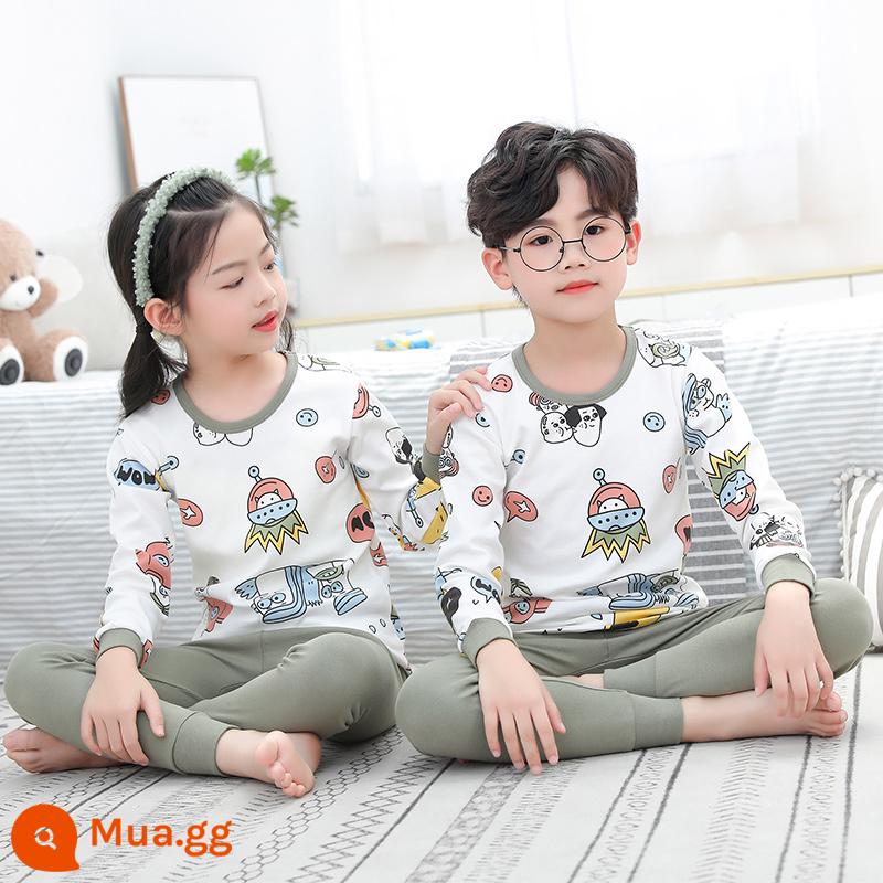 Bộ quần áo thu đông và quần vệ sinh bé trai, cotton nguyên chất, quần áo sưởi ấm đáy quần cotton nguyên chất cho trẻ em, quần áo vệ sinh bé trai, đồ ngủ khủng long - người hoạt hình màu trắng