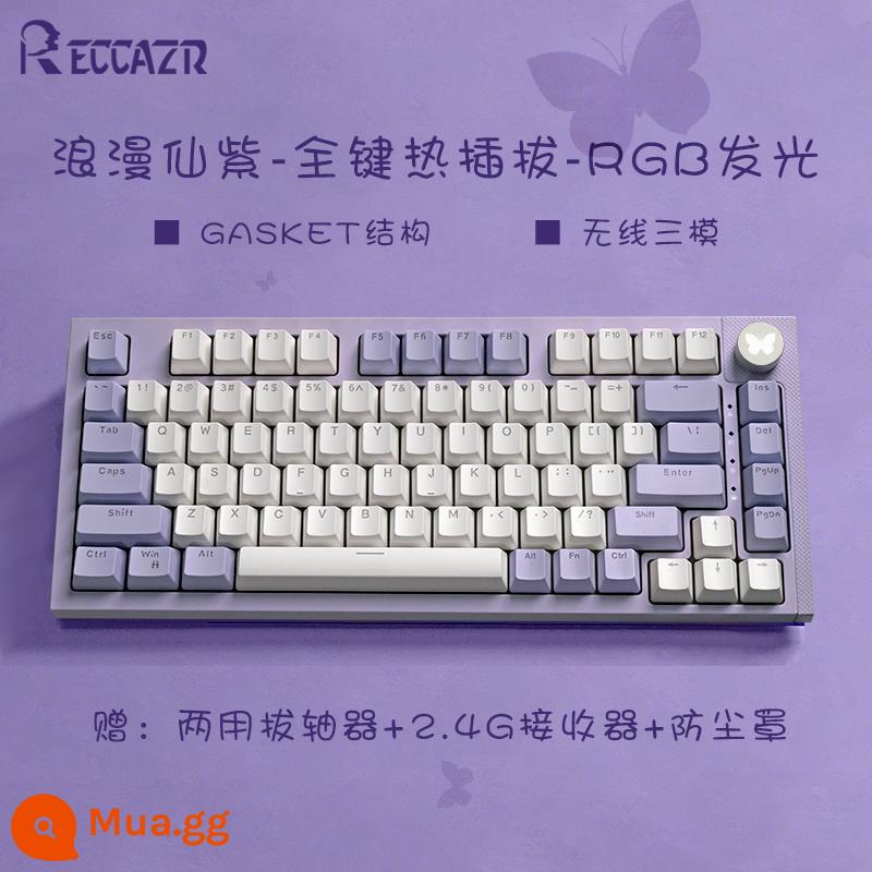 Leikaze KW75S Cấu trúc miếng đệm có thể tráo đổi nóng RGB ba chế độ 75 với bàn phím máy tùy chỉnh theo cột trò chơi thể thao điện tử - [Màu tím cổ tích lãng mạn]]+Ba chế độ không dây+Có thể hoán đổi nóng toàn phím+Đèn RGB