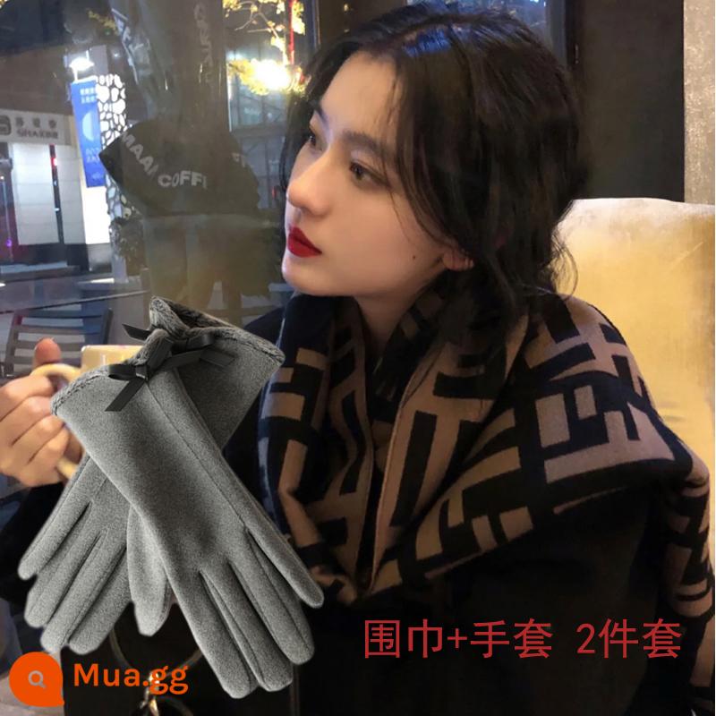 Khăn Choàng Nữ Mùa Đông 2022 Mới Giả Cashmere Phù Hợp Với Tất Cả Khăn Choàng Mùa Thu Phiên Bản Hàn Quốc Cao Cấp Cảm Quan Mặc Ngoài Dày Ấm - Khăn quàng nâu + găng tay xám có nơ