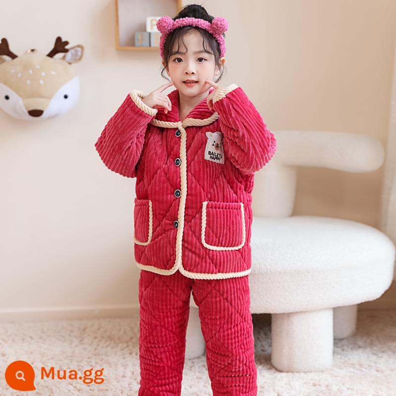 Bộ Đồ Ngủ Flannel Trẻ Em Mùa Đông Bé Trai Và Bé Gái Nỉ San Hô Cho Bé Ba Lớp Đệm Có Đệm Homewear Bộ - Đỏ hồng đậm