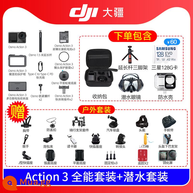 DJI Osmo Action 3 thời lượng pin dài camera thể thao kỹ thuật số độ nét cao tạo tác video trượt tuyết đầu máy - Bộ đồ toàn diện Action 3 + bộ đồ lặn chuyên nghiệp